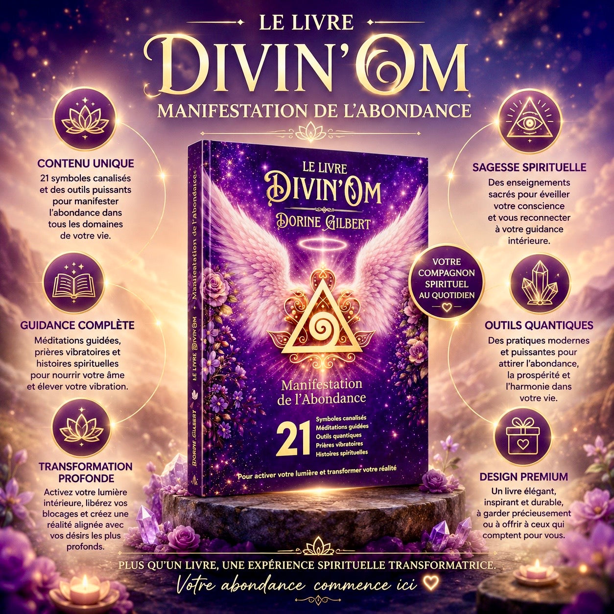 Points forts du Livre Divin'Om — 21 symboles canalisés, méditations audio et empreintes quantiques pour manifester l'abondance