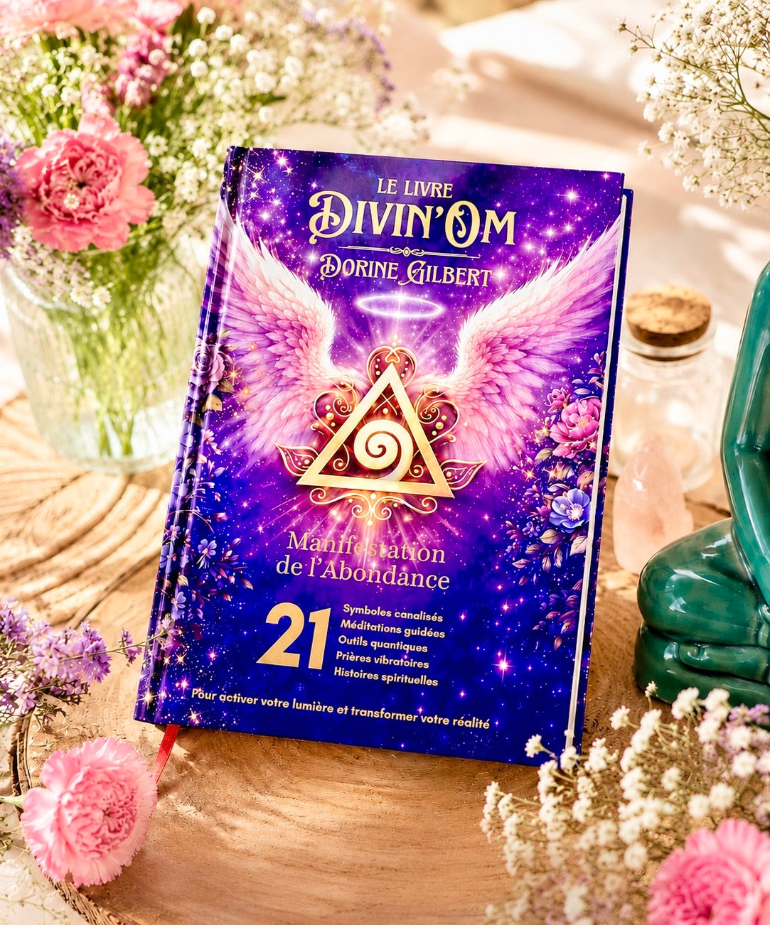 Le Livre Divin’Om — Manifestation de l’Abondance, couverture rigide premium brillante avec revêtement doré, par Dorine Gilbert