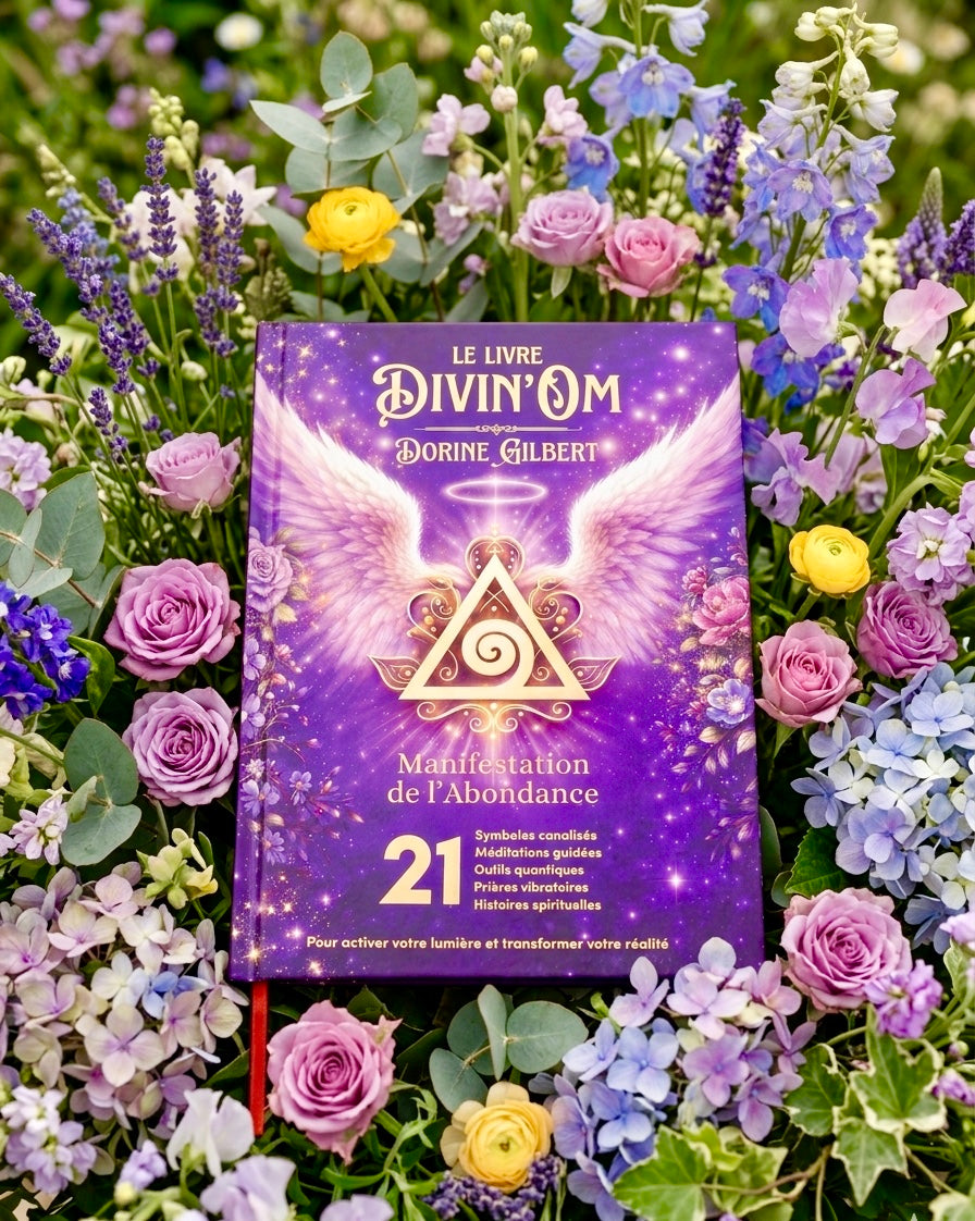 Le Livre Divin'Om de Dorine Gilbert posé dans un champ de fleurs — outil de transformation spirituelle et quantique