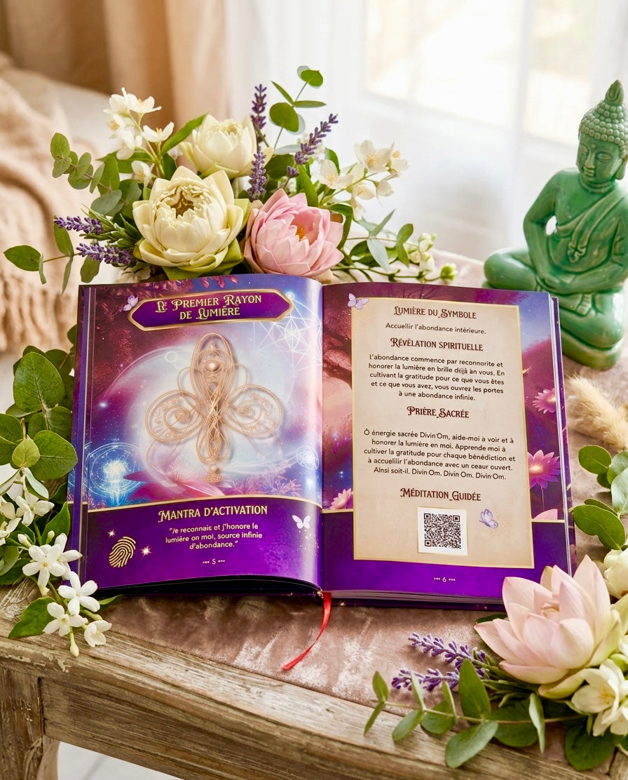 Page intérieure du Livre Divin'Om avec symbole Divin'Om canalisé et accès à la méditation guidée par QR code