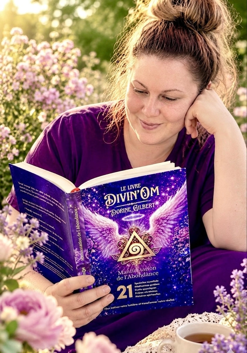 Dorine Gilbert, fondatrice de Divin'Om, tenant le Livre Divin'Om avec un sourire rayonnant