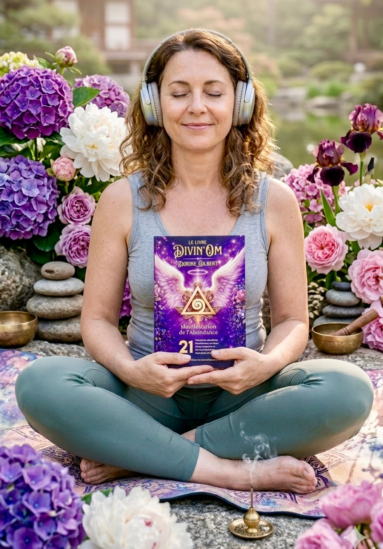 Femme assise en méditation, yeux fermés et sourire serein, tenant le Livre Divin'Om avec des écouteurs, entourée de fleurs et d'un cadre zen