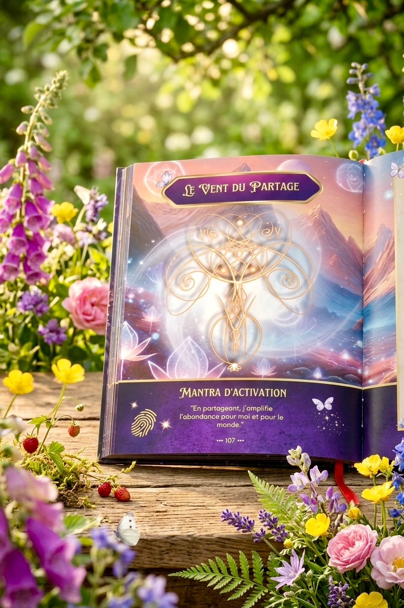 Le Livre Divin'Om ouvert sur le symbole Le Vent du Partage, entouré de fleurs